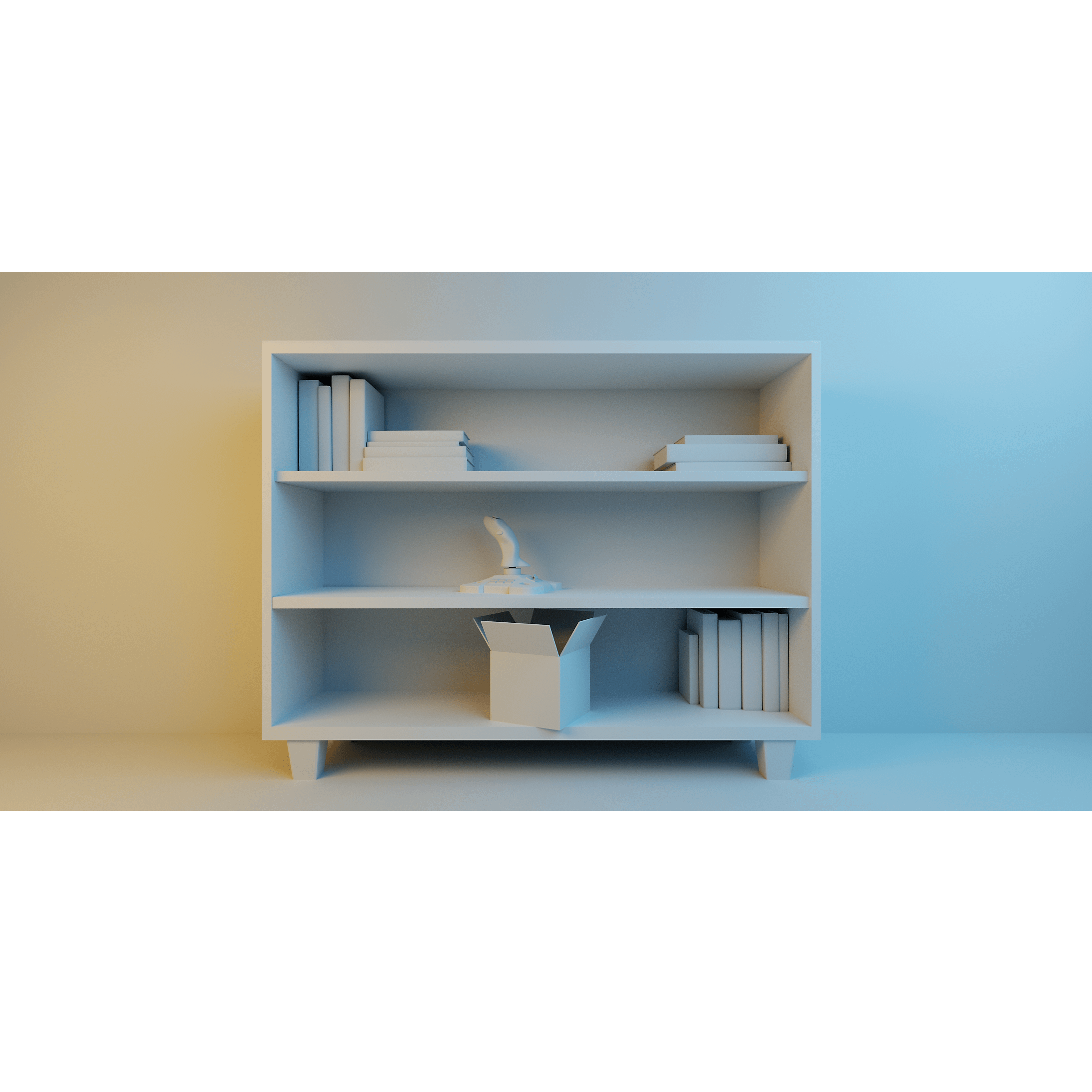 A 3D rendering of a cabinet with books and a joystick on it.